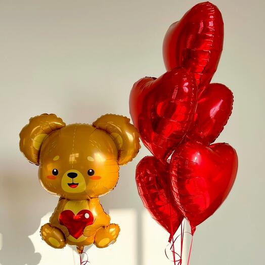 Набор 2 (5 сердец и Мишка).  Набор Шаров. Воздушные Шары фольгированные. Фонтан Влюбленные красные сердца