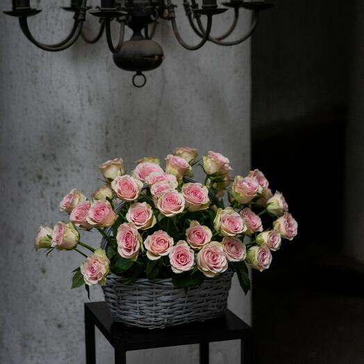 51 бледно-розовая роза в корзине