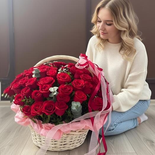 "Романтика в корзине" 🌹🎀 композиция 101 Роза