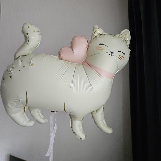Воздушный шар фигура кошечка с бантом , кошка сатин, кошка бежевая с гелием-1шар