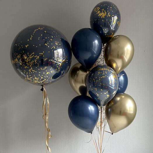 Set de diseñador azul marino con productos, globos para hombres