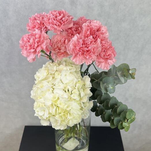 Банч сет (пачка микс) цветов из белой гортензии Вайт Премиум, розовых диантусов Джоди и эвкалипта