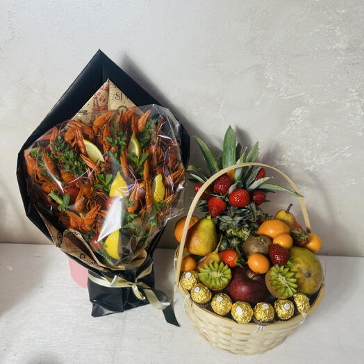 Комбо букет с раками , корзина с фруктами и Ферреро