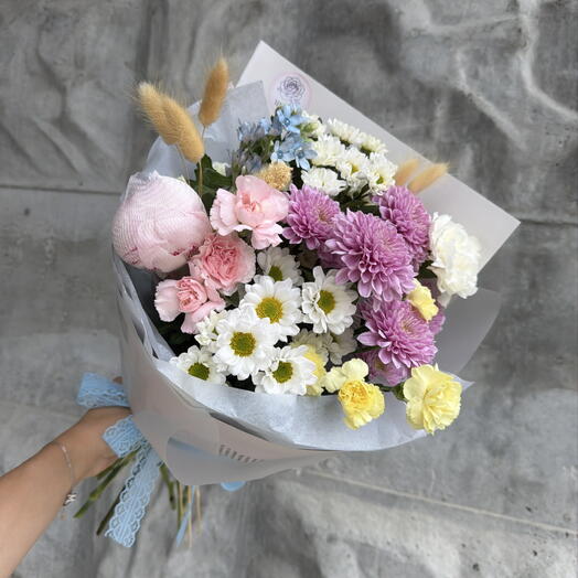 🌟Дофаминовый букет с пионом и незабудкой «Радость моя!»💕🥰
