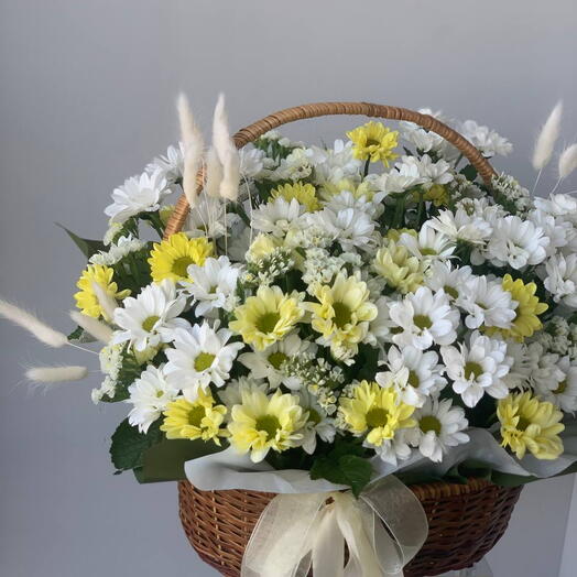 Большая корзина бело-жёлтых хризантем