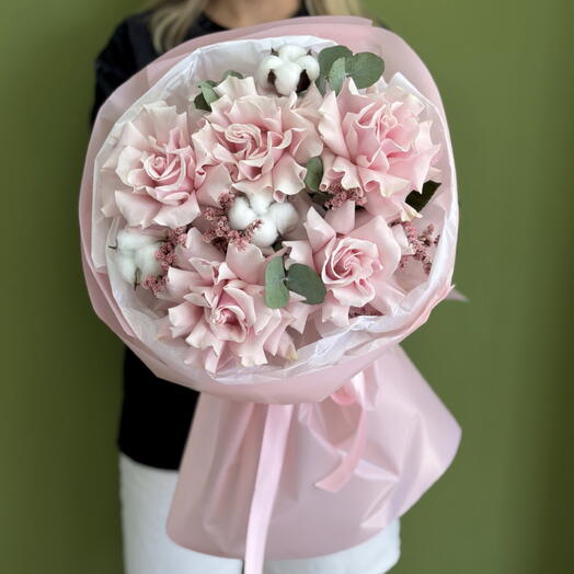 Французская розовая роза , хлопок и эвкалипт для любимой подарок 💝