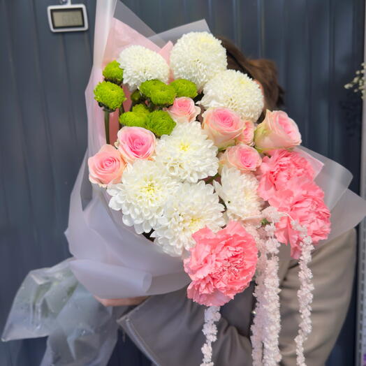 Розовый Эликсир 💖 премиальная кустовая Роза, стабилизированный амарант, хризантема Момоко