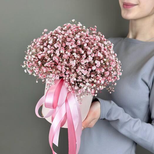 Композиция из розовой гипсофилы в шляпной коробке, 7шт