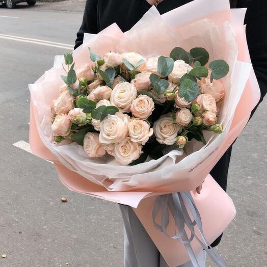 Bouquet of peony roses with eucalyptus
