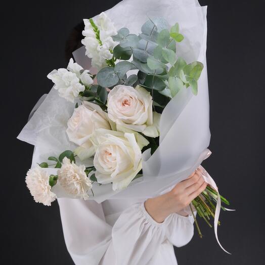 Bouquet with White Ohara peony roses, antirinum and eucalyptus