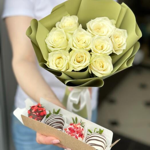 Букет белых роз + 🎁 Клубника в шоколаде️