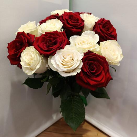 Ramo de rosas rojas y blancas 15 piezas Ecuador, ramo de rosas blancas, rojas blancas, rosas Premium, variedades de mezcla Explorer y Mondial