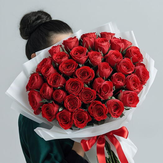 59 Premium Red Roses White Wrapped Bouquet