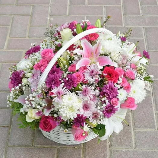 Flower Garden: Pink and White Roses, Oriental Lilies, Spray Roses, Chrysanthemums in Basket