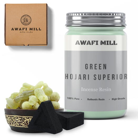 AWAFI MILL Frankincense Green Royal Hojari Superior | Triangle Charcoal Tablet - Bottle of 100 Gram with 20 Charcoal Piece