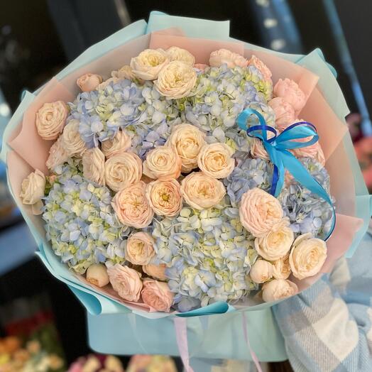 Hydrangeas with bushy peony-shaped roses