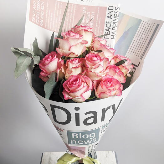 11 Pink roses with eucalyptus