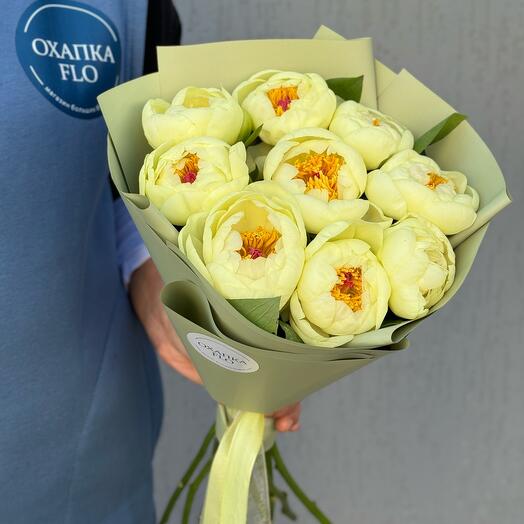 Букет лимонных пионов, 9 штук