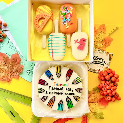 Бенто торт и набор пирожных эскимо чизкейки и картошка на 1 сентября день знаний первый раз в первый класс