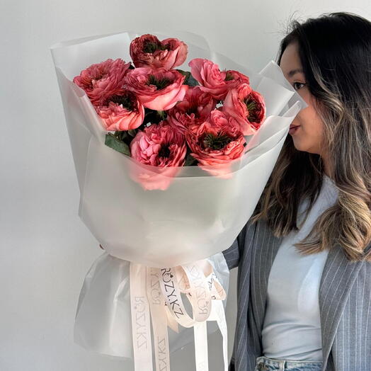 Моно букет из 9 пионовидных роз сорта «Mandarin»