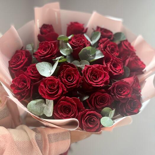 21 red roses with eucalyptus