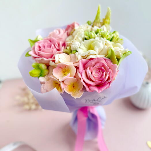 Зефирный букет с розами, эустомой и гортензией. Подарок для девушки, женщины, коллеги, сестры, подруги