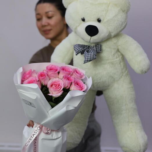 Замечательное комбо розы + медведь