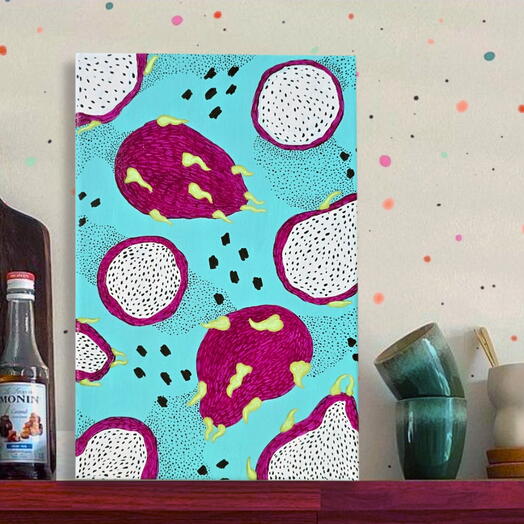 Питахайя, драгон фрут, драконий фрукт в разрезе, яркий натюрморт, тропический поп-арт, голубой фон, картина для кухни