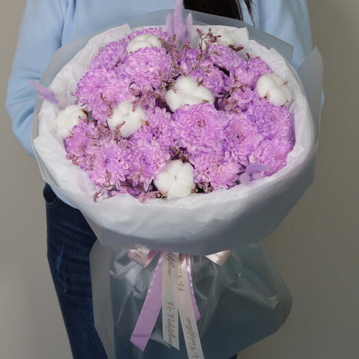 букет: хризантема, хлопок и лагурус💜