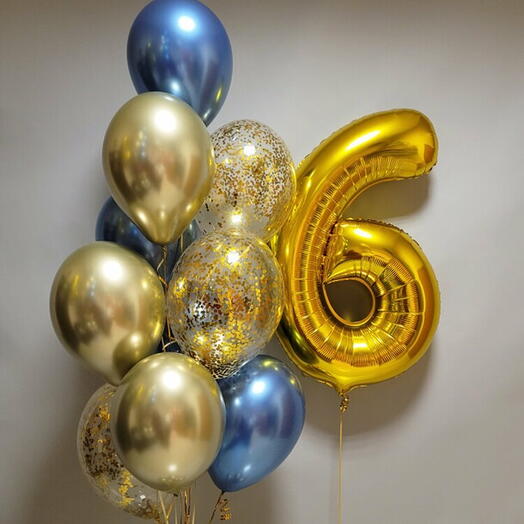 Фонтан из 11 шаров сине-золотой "6 лет"