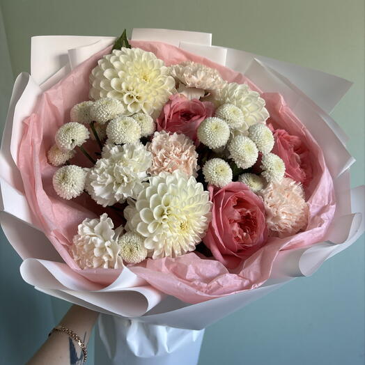 Букет из георгины/роз Пинк экспрешн/диантуса😍💕