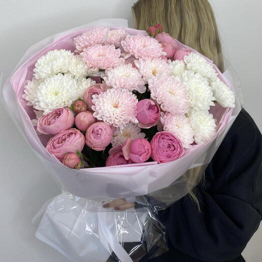 🎀🤍Розовый букет Bloom room, хризантема, кустовая роза