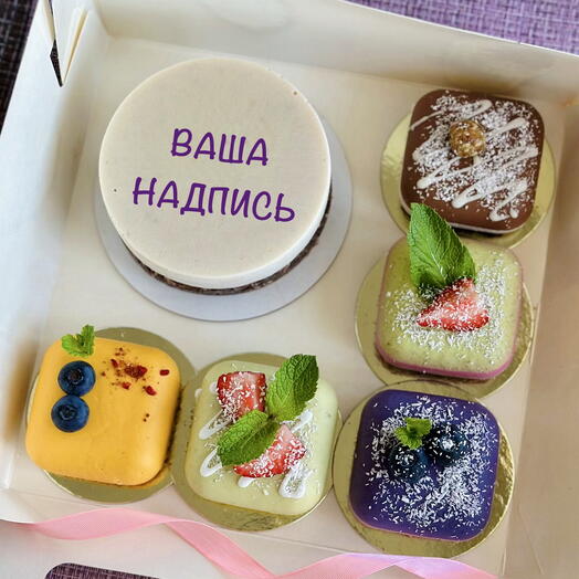Бенто «Тирамису» + 5 пирожных без сахара, глютена и лактозы, vegan🌱 с Вашей надписью