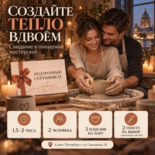 Подарочный сертификат «Свидание в гончарной мастерской» (Пакет 1, 2 человека)