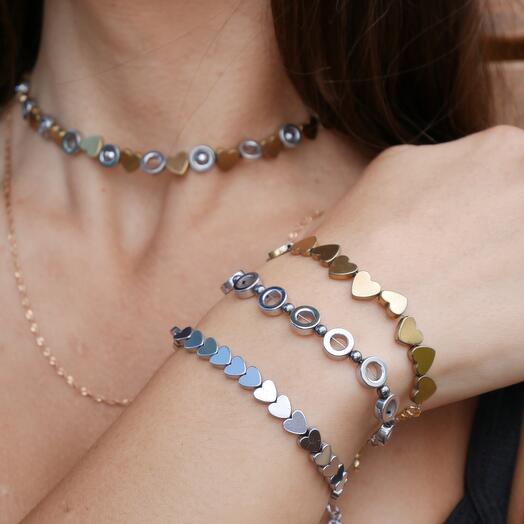 Conjunto de gargantilla + 3 pulseras (piedras + plata)