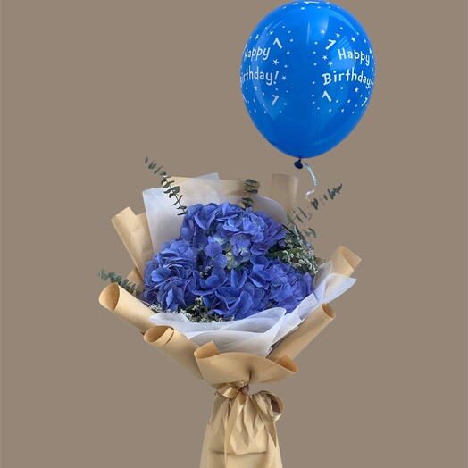 Blue hydrangea bouquet with balloon