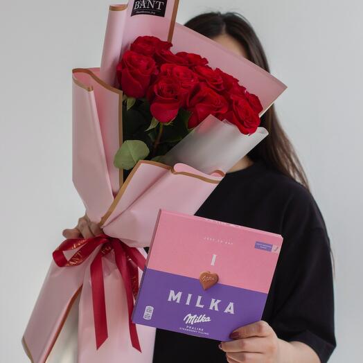 13 красных роз+ milka