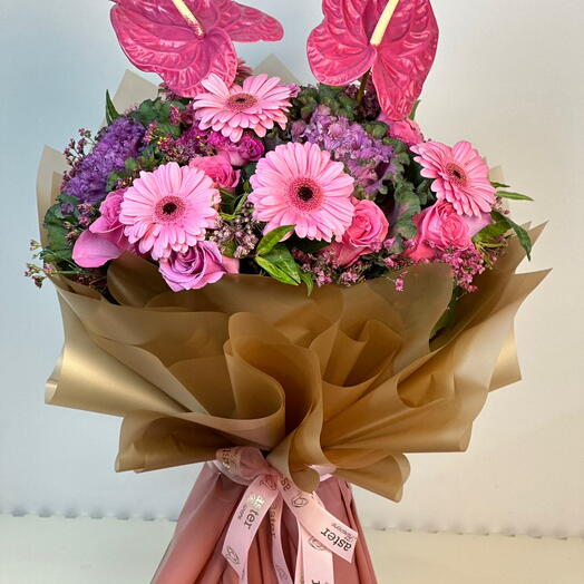 Pinky Love Bouquet: Fresh Pink Gerbera, Brassica, Pink Roses   Anthurium