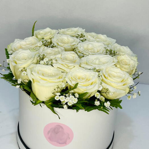 The Softness: Box of 15 White Roses with Babys Breath