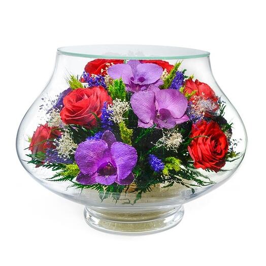 Flowers in glass in vacuum "Vanessa lilac-red", roses and orchids