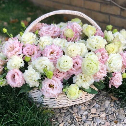 White and pink lisianthus basket