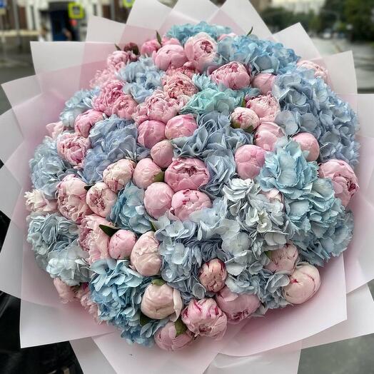 Bouquet of blue hydrangeas and pink peonies