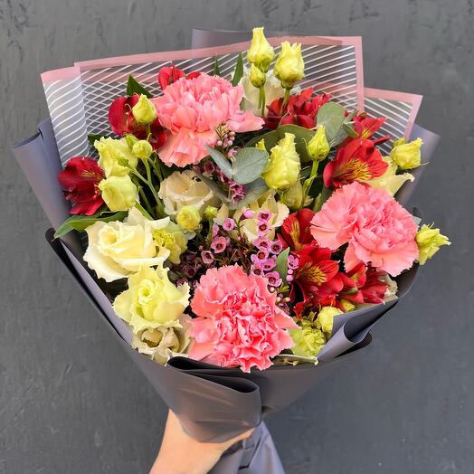 Bouquet of carnations with eustoma , alstroemeria, waxflower and eucalyptus