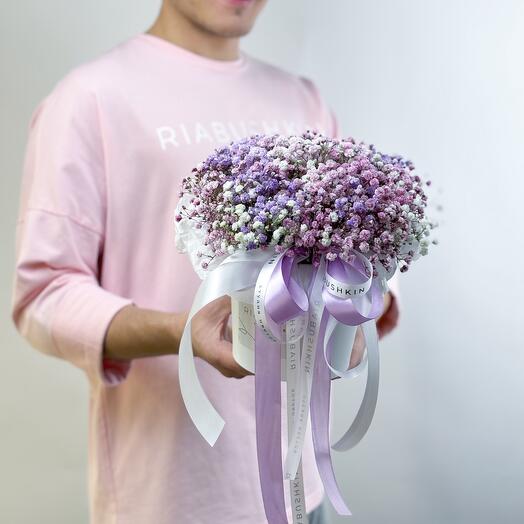 Delicate composition of pink, lilac and white gypsophila in a white box (size S)