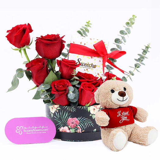 Choco Love 9 Red Roses Box and I Love You Teddy