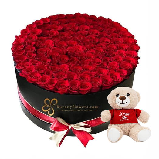 Valentine Grand Red Roses Love Box and I Love You Teddy