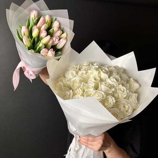 Premium white roses bouquet with tulips bouquet