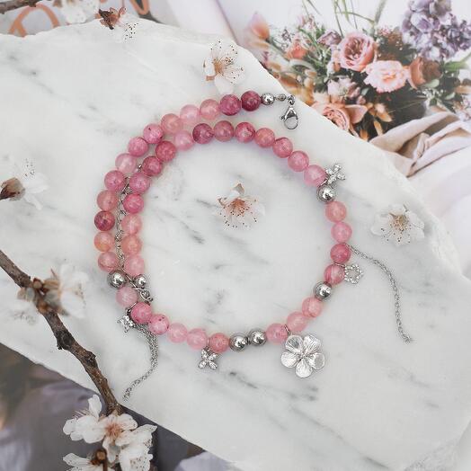 Pink chalcedony choker with flowers and steel chains
