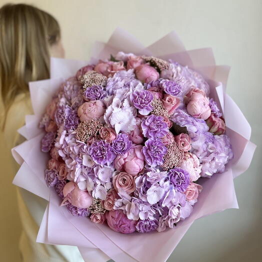 Огромный букет с пионами и гортензией, сиреневый, арт 90 Flower Perfect