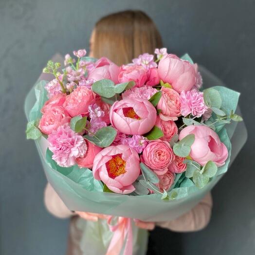 Author's bouquet of peonies, bushy peony-shaped rose and fragrant mattiola "Charm"